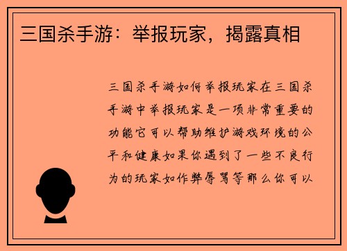 三国杀手游：举报玩家，揭露真相